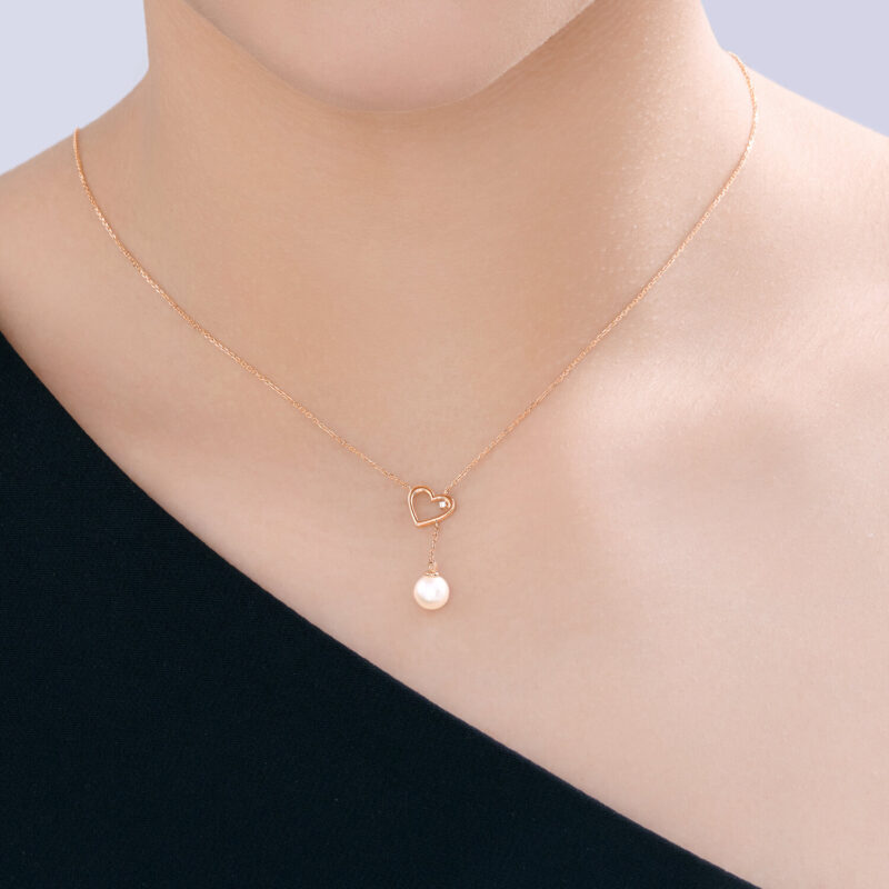 Gold Necklace with Heart Pendant, Diamond Accent & Pearl Drop - Image 3