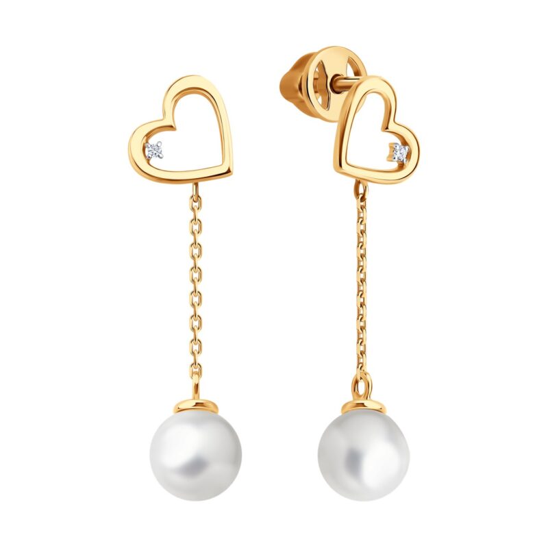 Gold Earrings with Diamonds and Pearls