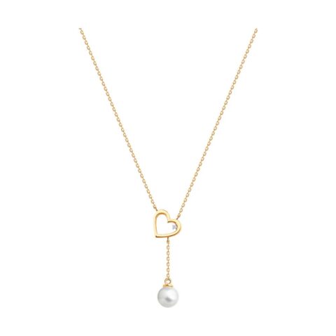 Gold Necklace with Heart Pendant, Diamond Accent & Pearl Drop