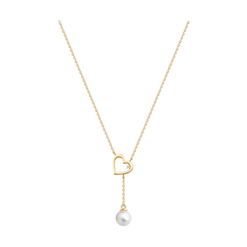 Gold Necklace with Heart Pendant, Diamond Accent & Pearl Drop