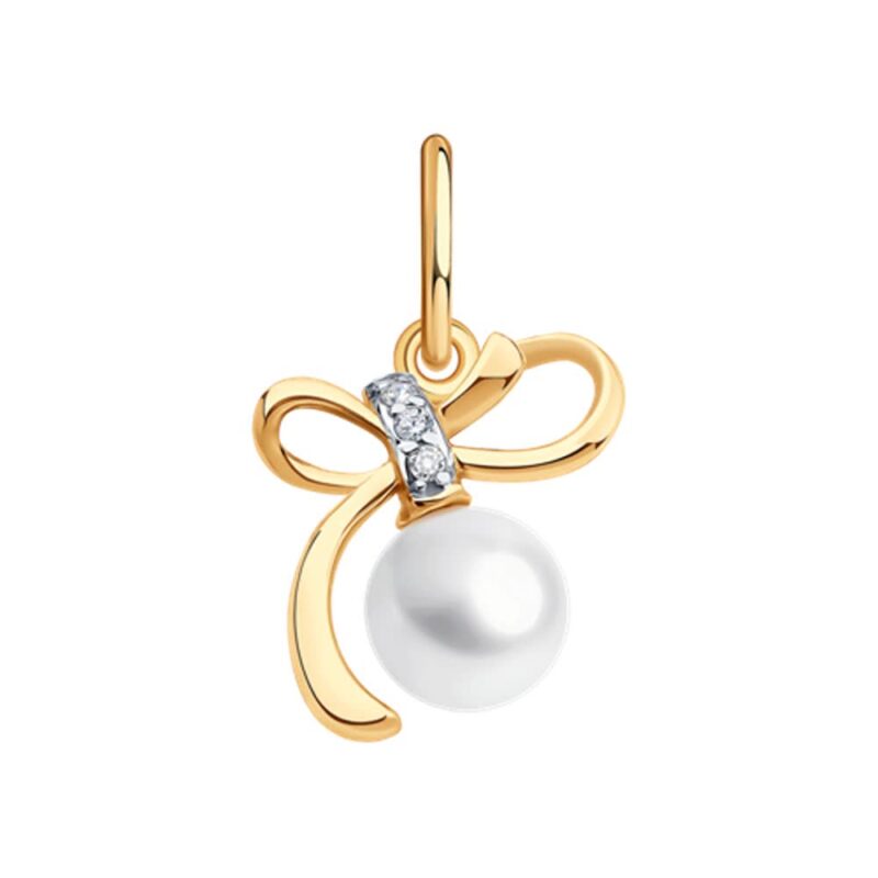 Golden Bow Pearl & Diamond Pendant - Image 2