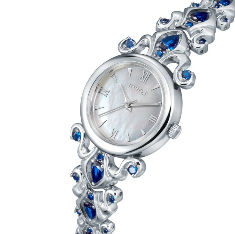 Bastet Silver-Tone Mother-of-Pearl Watch with Blue Gemstones - Image 5