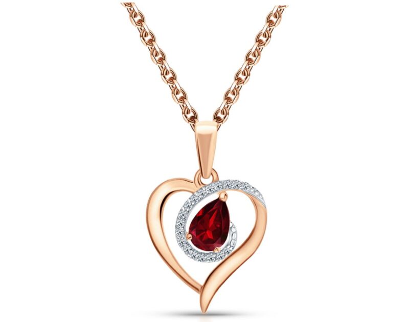 Rose Gold-Tone Heart Pendant with Natural Garnet and Diamonds