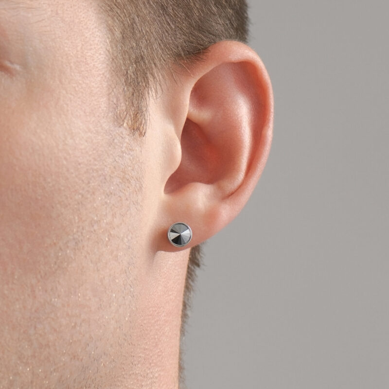 Men's Silver Stud Earring with Black Enamel and Crystal Detail - Image 2
