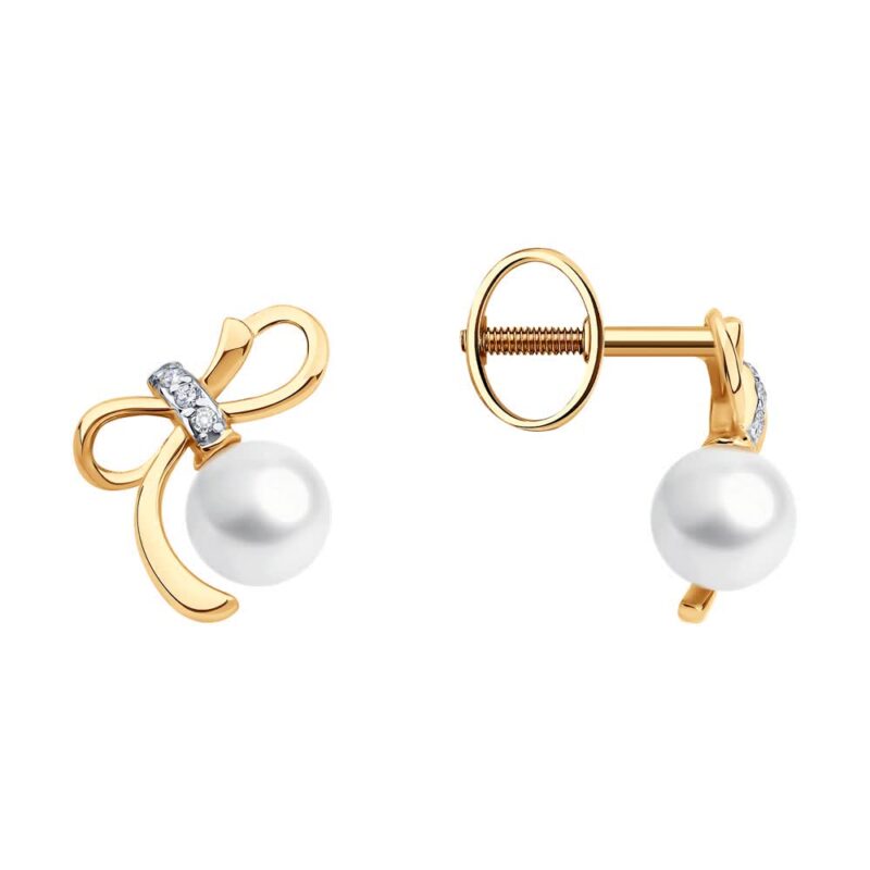 Golden Bow Pearl & Diamond Studs - Image 2