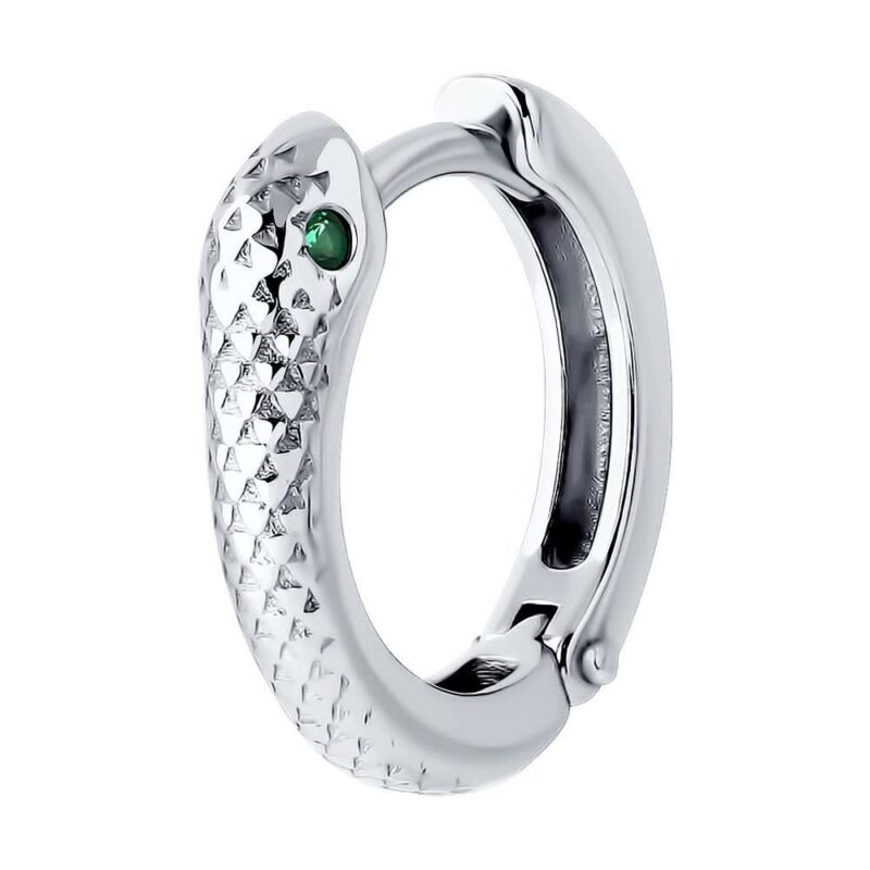 Silver Serpent Huggie Earring with Green Eye