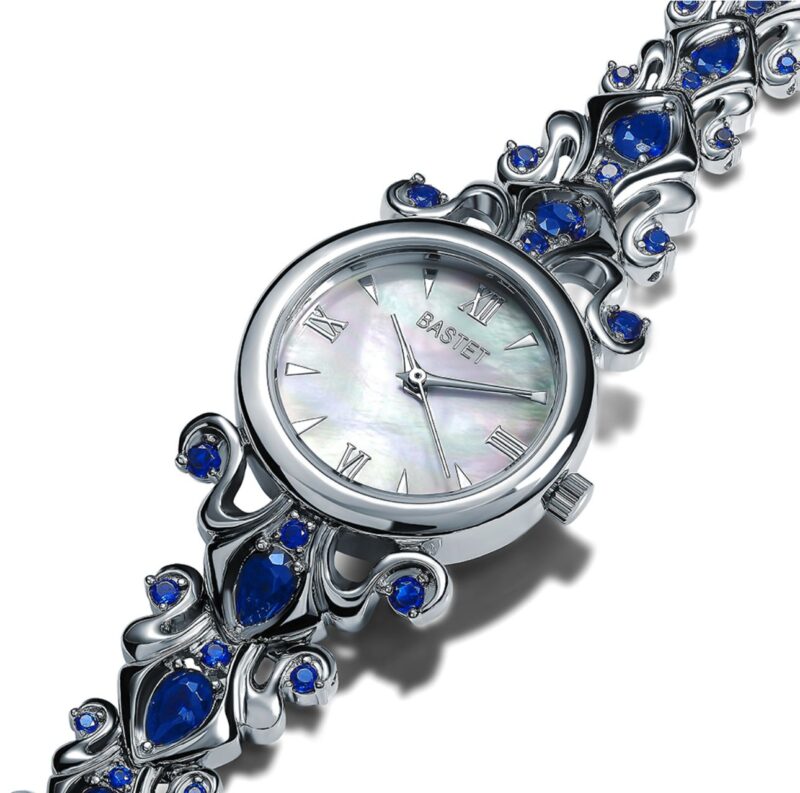 Bastet Silver-Tone Mother-of-Pearl Watch with Blue Gemstones - Image 2