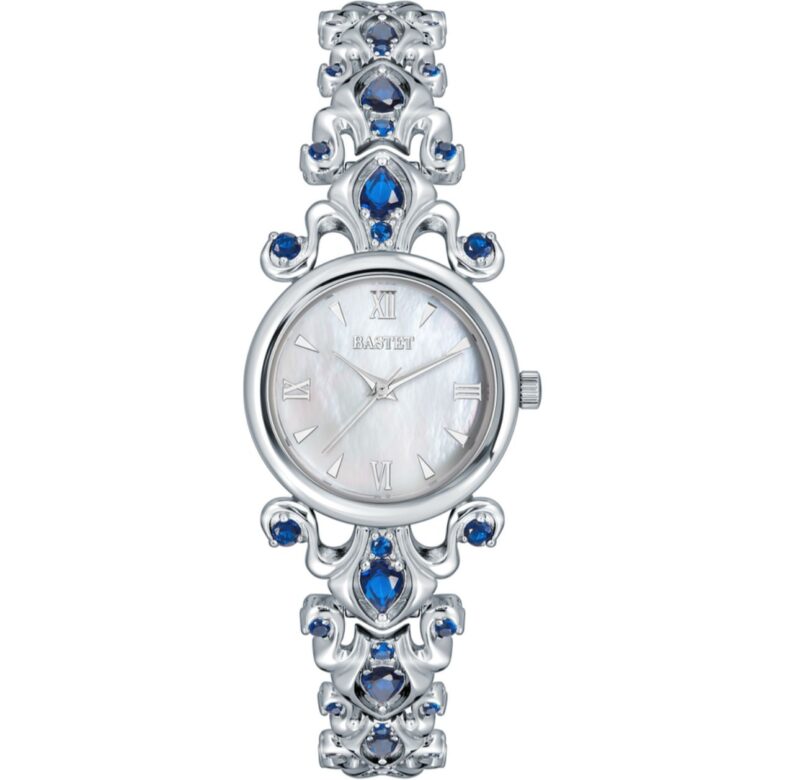 Bastet Silver-Tone Mother-of-Pearl Watch with Blue Gemstones