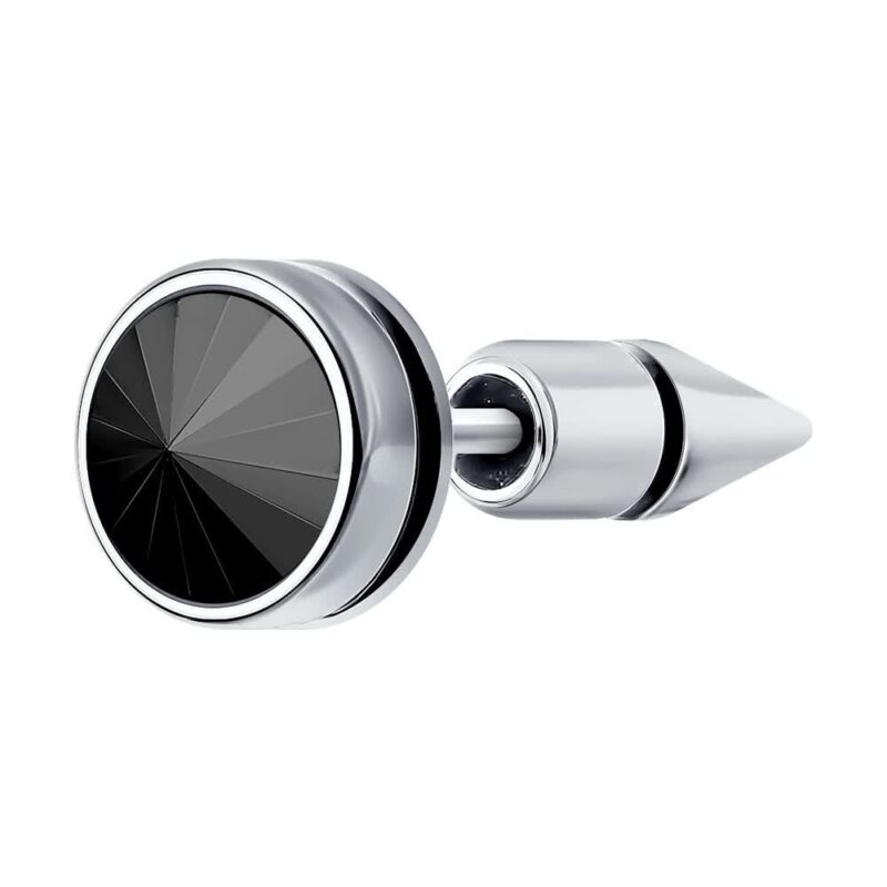 Men's Silver Stud Earring with Black Enamel and Crystal Detail