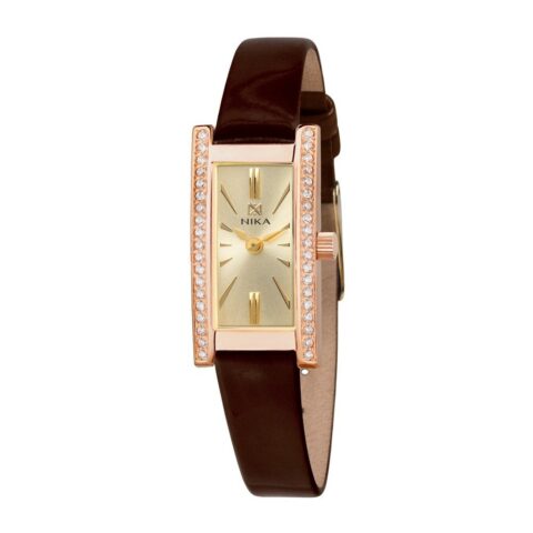 NIKA Ladies’ Crystal-Set Leather Watch – Gold Dial