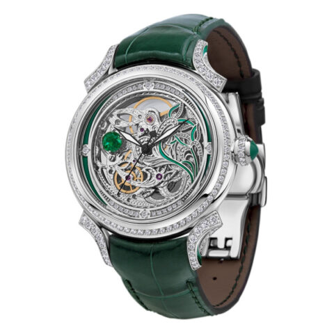 NIKA EXCLUSIVE Women’s Silver Diamond & Emerald Watch – Skeleton Mechanical Timepiece